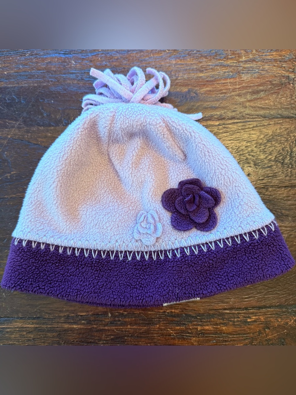 Columbia Fleece Toddler Hat Flowers Pom Pom Lilac and Purple